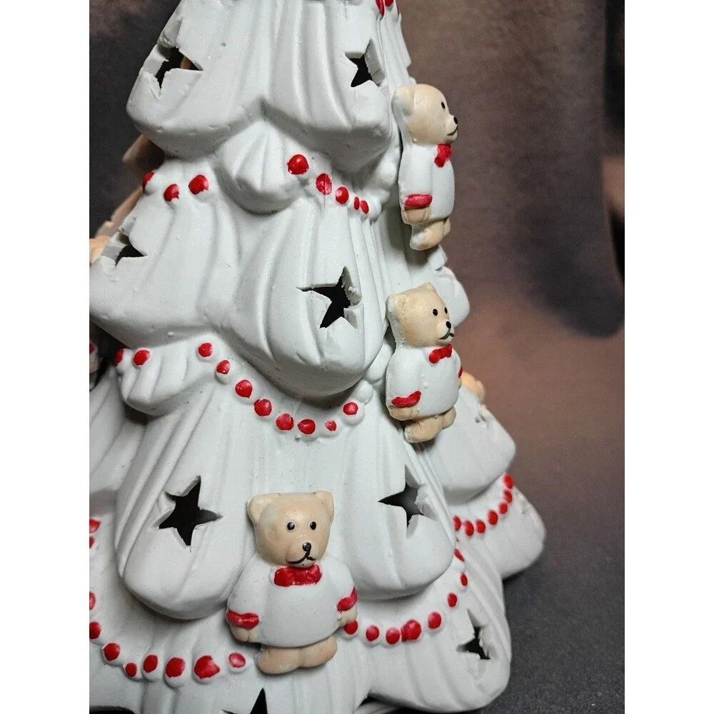 Vintage White Porcelain Lighted Christmas Tree Teddy Bears 9